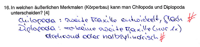 Beispielfrage Zoologie: In welchen äußerlichen Merkmalen (Körperbau) kann man Chilopoda und Diplopoda utnerscheiden?